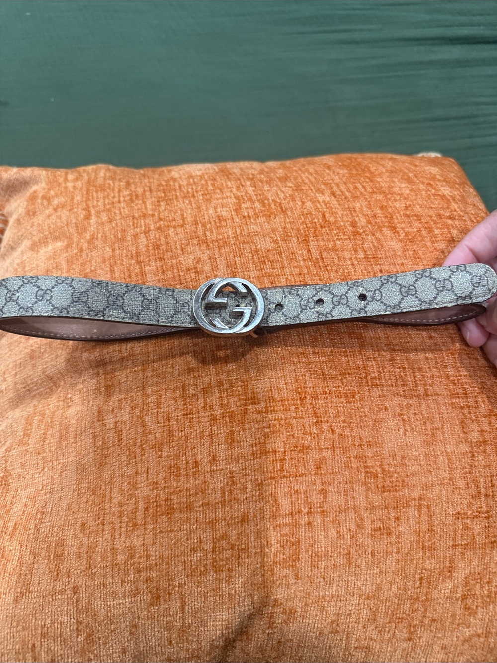 Gucci Beige Monogram GG Silver Buckle Women's Belt